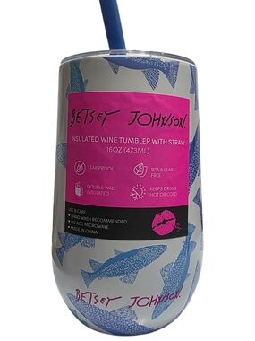 Betsey Johnson 16oz Insulated Wine Tumbler With Straw Fish Print Blue White NWT